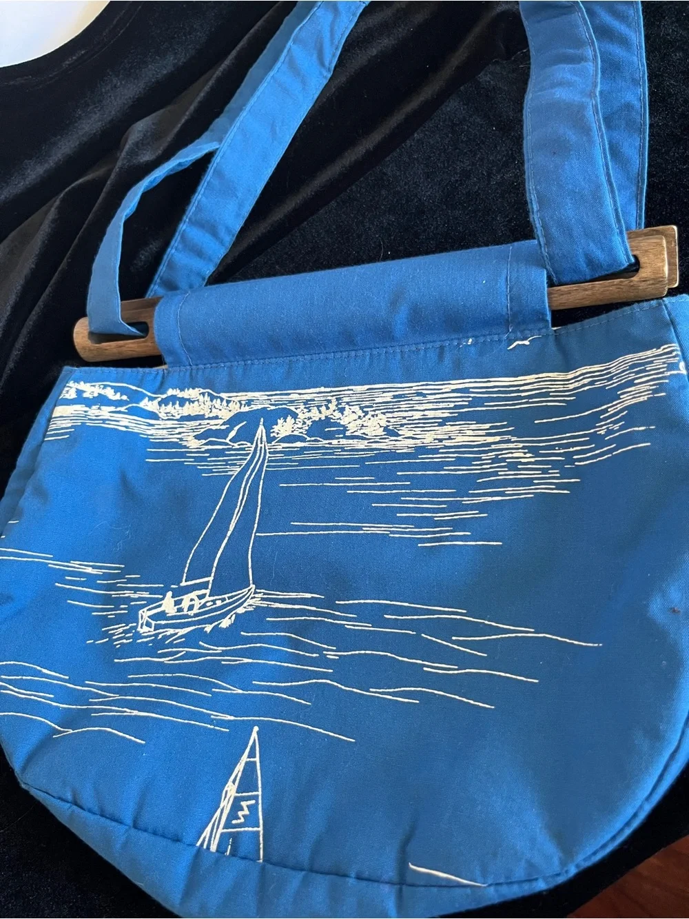 Vintage Flamstead of Vermont 70s-80s Coastal Sailboat Ocean Wood & Fabric Bag